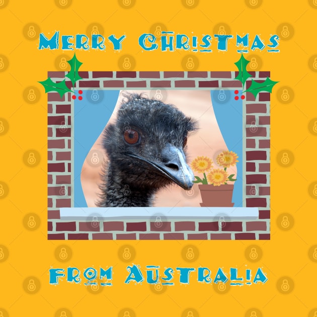 Merry Christmas from Australia with Emu in Window by karenmcfarland13