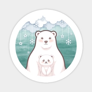 Cute cub polar bear and mum character design with snowflake background. Vector illustration Magnet