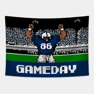 Blue and White Football Gameday Retro 8 Bit Linebacker Tapestry