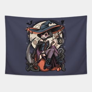 Magic witch with scythe on a pumpkin Tapestry