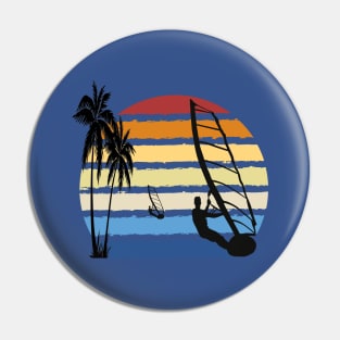 Windsurfers sailing into a retro Windsurfing sunset Pin