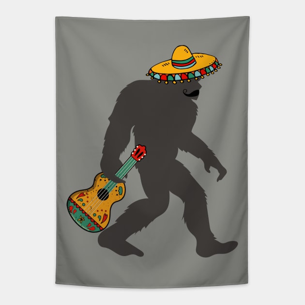 Funny Bigfoot with Moustache and Mexican Guitar for Cinco de Mayo Tapestry by Dibble Dabble Designs