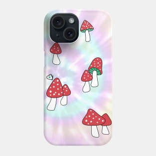 Aesthetic Red Hatted Mushrooms and Butterflies on a Rainbow Pastel Tie Dye Background Phone Case