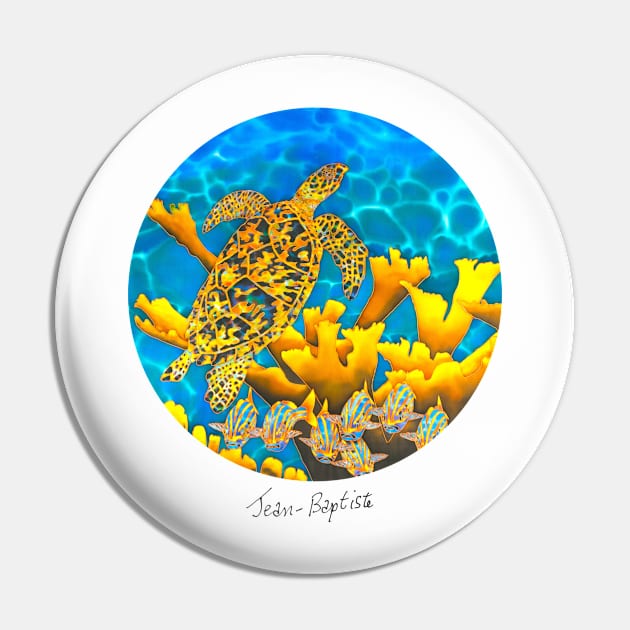 Caribbean unveiled on silk | Sea Turtle & Elkhorn Coral Pin by Jean-Baptiste Silk Art