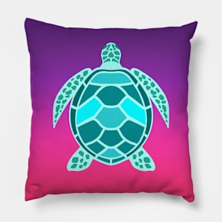 Turquoise Teal Green Sea Turtle on Neon Pink and Purple Ombre Background Pillow