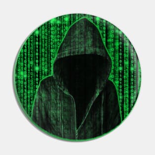 Hooded hacker in binary matrix rain Pin