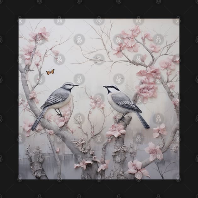 Copy of Grey and pink chinoiserie painting with birds and flowers by Riverside-Moon