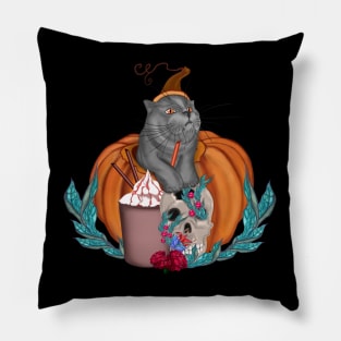 Halloween cat in the pumpkin with skull and yummy Pillow