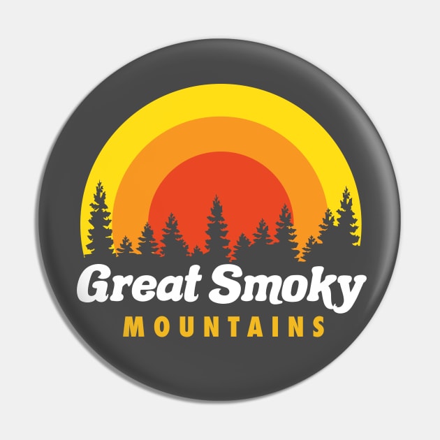 Great Smoky Mountains Retro Trees Sunset Pin by PodDesignShop