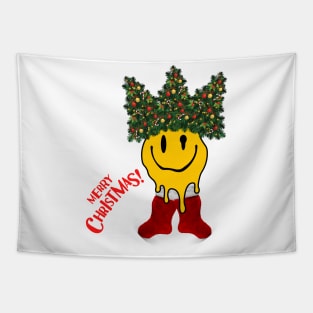 Smiley Face with Christmas Tree Hat and Christmas Stocking | Merry Xmas Tapestry