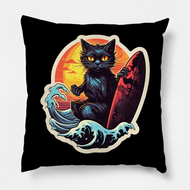 Black Cat Surf Club Pillow by VelvetRoom