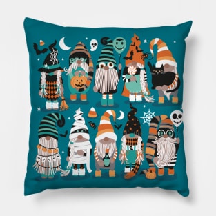 Boo-tiful gnomes // spot // dark teal background fun little creatures black grey green mint and orange dressed for halloween Pillow