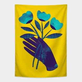 Dark purple blue hand with turquoise flowers for you on yellow Tapestry