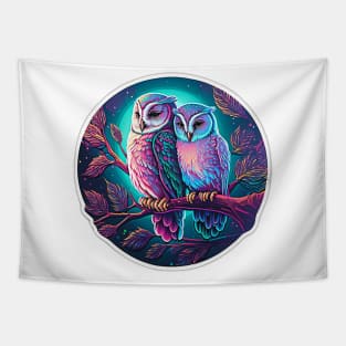 Vaporwave 8 bit Owls on Perch Neon Retro Tapestry