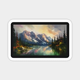 Majestic Peaks and Serene Lakes: A Vibrant Mountain Landscape Oil Painting #1 Magnet