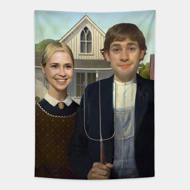 Jim and Pam from The Office in American Gothic Tapestry by DavidLoblaw