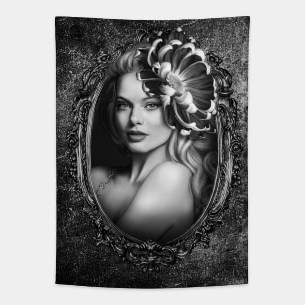 Black and white beautiful girl portrait gray flower dark lips digital artwork Tapestry by Relaxing Art Shop