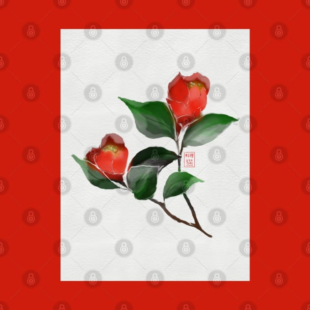 Red watercolor and sumiE ink camellia flowers by cuisinecat