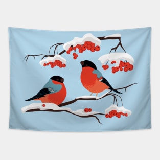 Bullfinches on a branch of mountain ash Tapestry