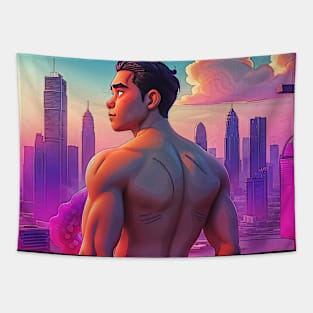 Lofi Shirtless Thai Man Overlooking City 03 Tapestry