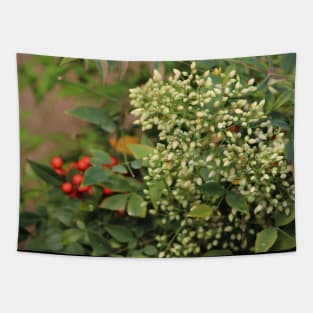 White Flowers Red Berries Tapestry