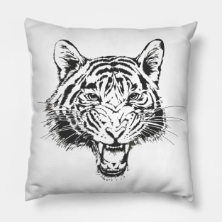 Hand-Drawn Tiger Head Sketch Teeth Growling Outline Pillow