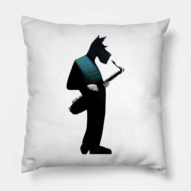Blue Scottish Terrier Saxophonist Pillow by JHeavenor