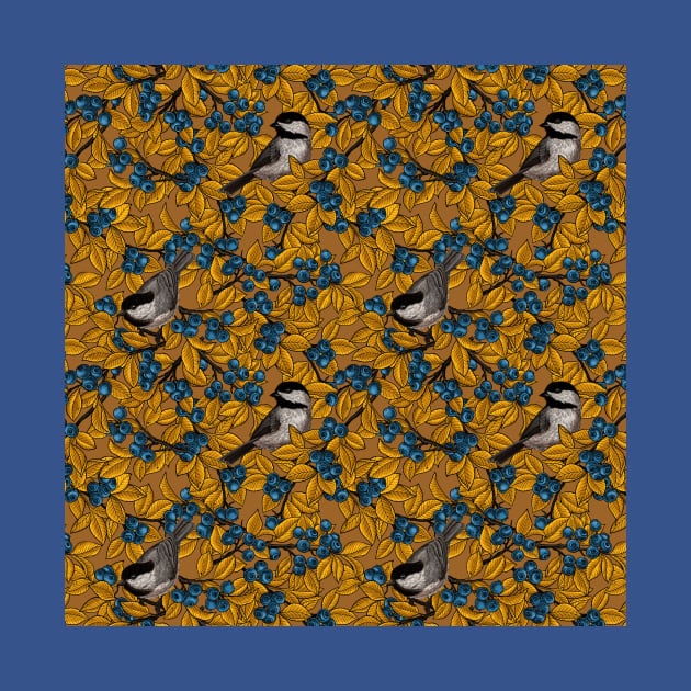 Chickadee birds on blueberry branches in yellow and mustard by katerinamk