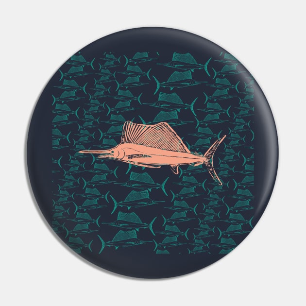 Swordfish Peach Green Dark Blue Default Background Fishing Pattern Pin by pelagio