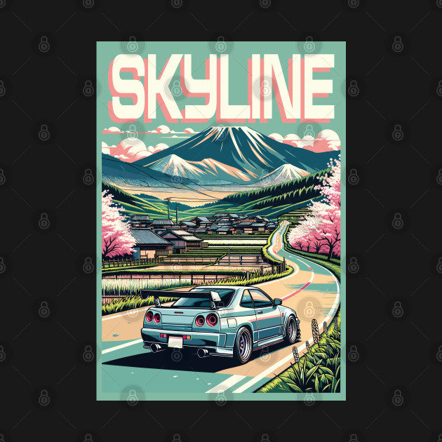 BACK PRINT - Skyline R34 driving through the Countryside T-Shirt by Gab Designs Stuff