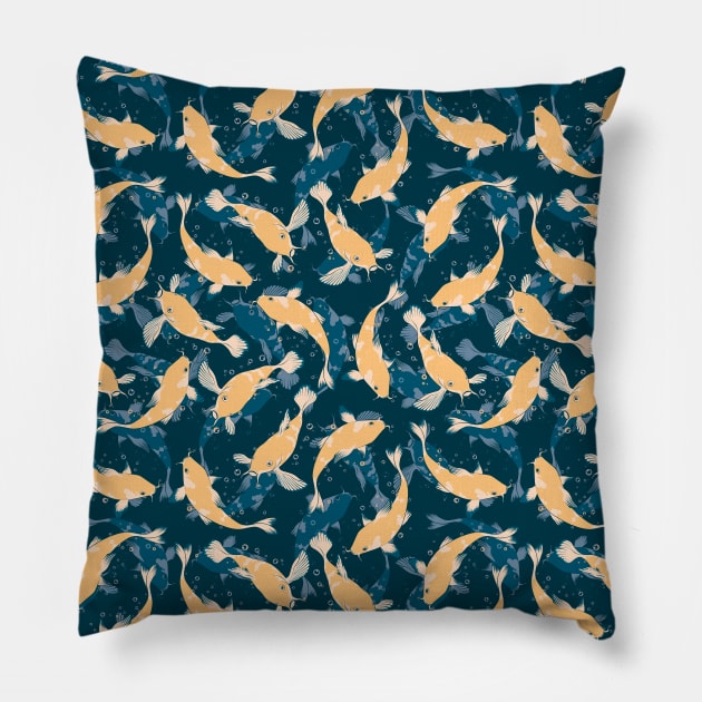 Yellow and Blue Koi Fish Pattern Pillow by TMBTM