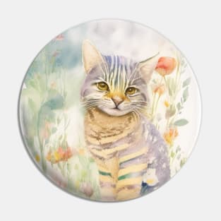 Happy Striped Cat in Flower Garden Pin