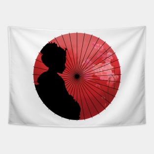 Vintage comic japanese flag with geisha girl, sakura flower, umbrella Tapestry