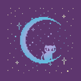 Celestial Pixel Cat & Moon T-Shirt