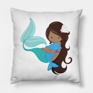 African American Mermaid, Brown Hair, Dolphin Pillow