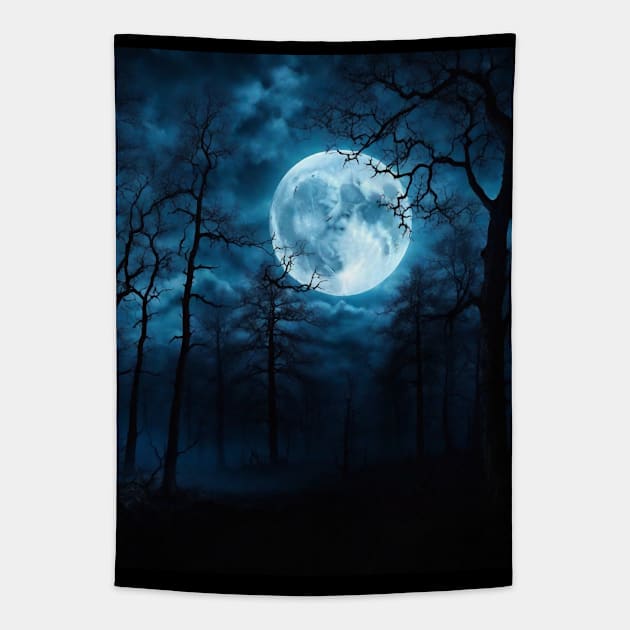 Horor dark forest woods trees moonlight Tapestry by Anik Arts