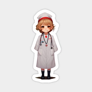 Little girl dresses as a nurse in cartoon style, smiling, future nurse Magnet