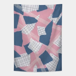 Line and Rough Sides - Pink, Blue, White - Abstract Mixed Torn Paper Collage Tapestry