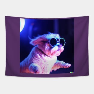 Neon Dog Wearing sunglasses dancing in the night Tapestry