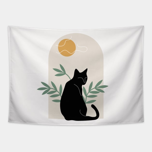 Вoho minimalist black cat with plants and sun Tapestry by ArtistryWhims
