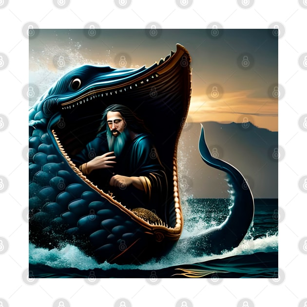 The prophet Jonah swallowed by a giant fish. inside the whale by Marccelus