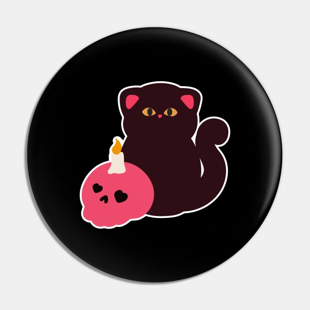 Black Cat with Pink Skull Pin by NumbleRay