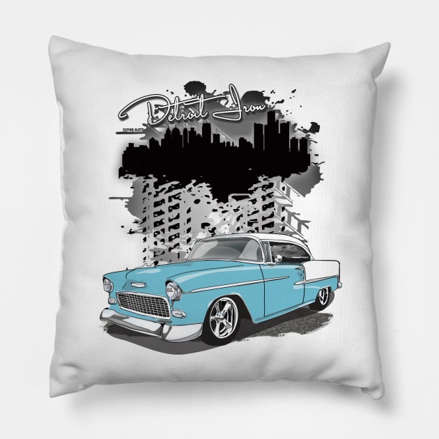 1955 Skyline Blue Chevy Bel Air Detroit Iron Print Pillow by RPM-ART