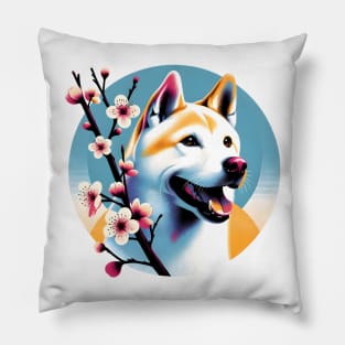 Jindo Dog Welcomes Spring with Cherry Blossoms Pillow