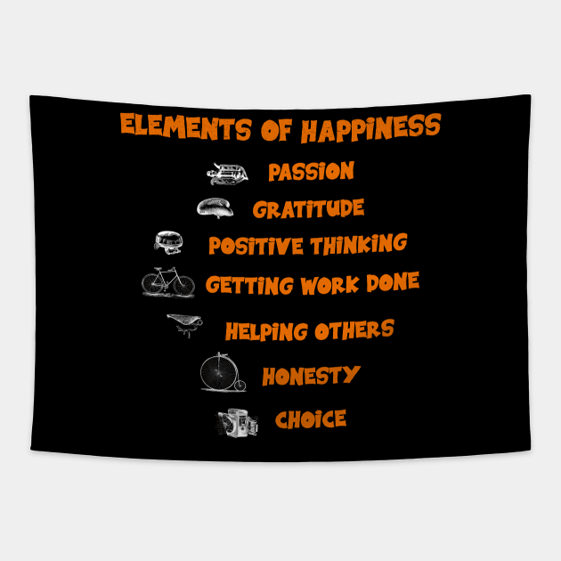 Vintage Elements of Happiness in Life with Passion and Power, Gratitude, Positive Thinking, Honesty, Getting work done, Helping others, Honesty and Choice Tapestry by Olloway