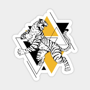 Retro Black & Gold Tiger on the Attack // Vintage Geometric Shapes Background Magnet