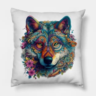 colorful wolf with flowers Pillow