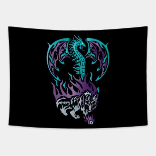 Tribal / Tattoo Art Style Ice Dragon and Grey Wolf Tapestry