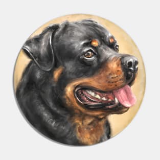 Painting of an Adorable Smiling Rottweiler with Its Tongue Out on Warm Beige Background Pin