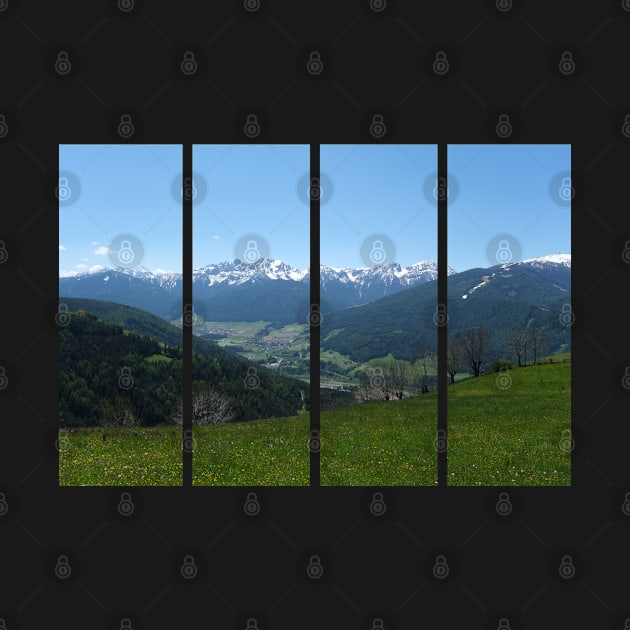 A great view of the Dolomites from a hill over the valley in South Tyrol. Lovely and relaxing place in the Italian Alps. Flowering fields and snowed mountains.. Sunny spring day. by fabbroni-art